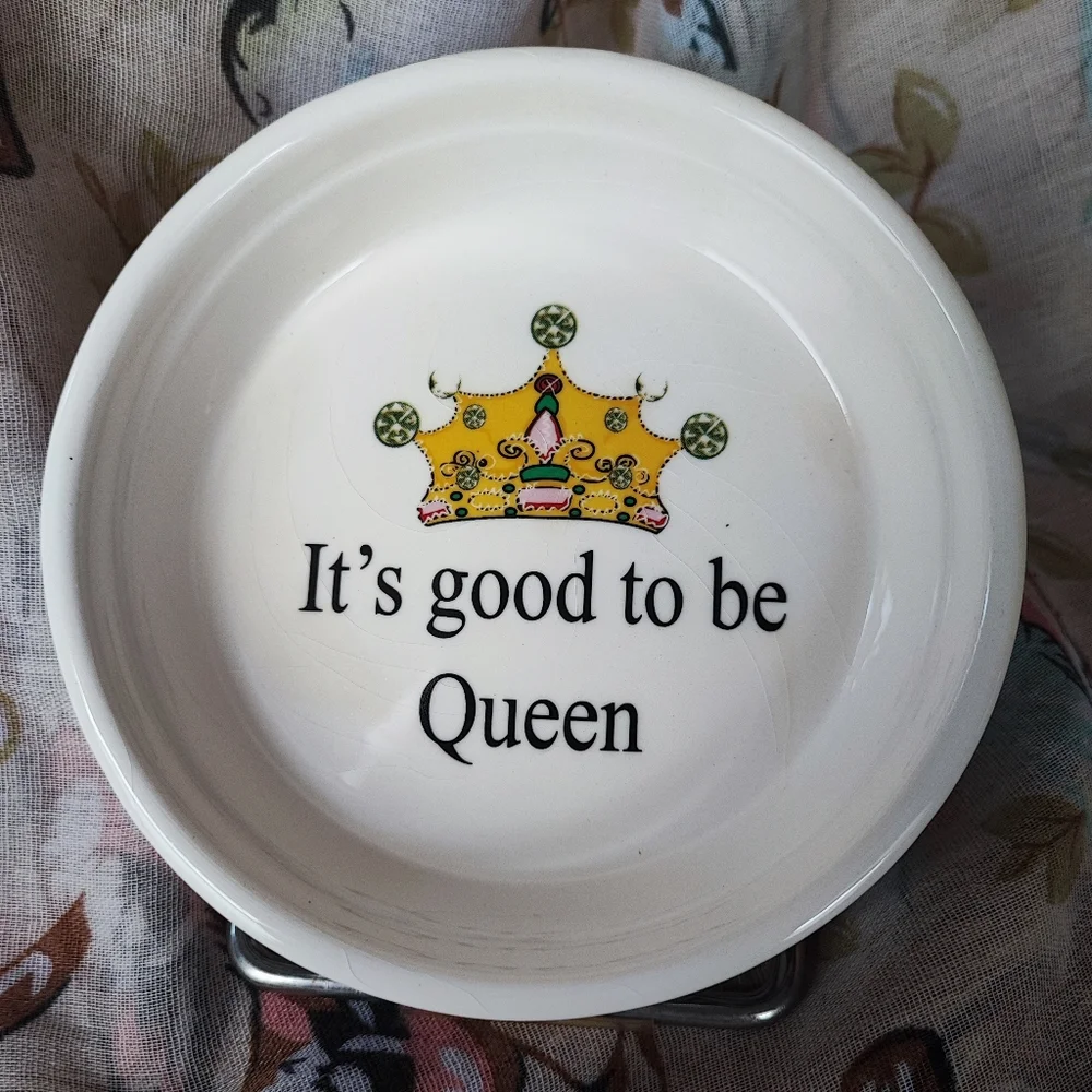 Good To Be Queen Cat Dog Food Dish Trinket Tray Crazed Blue Sky Brand